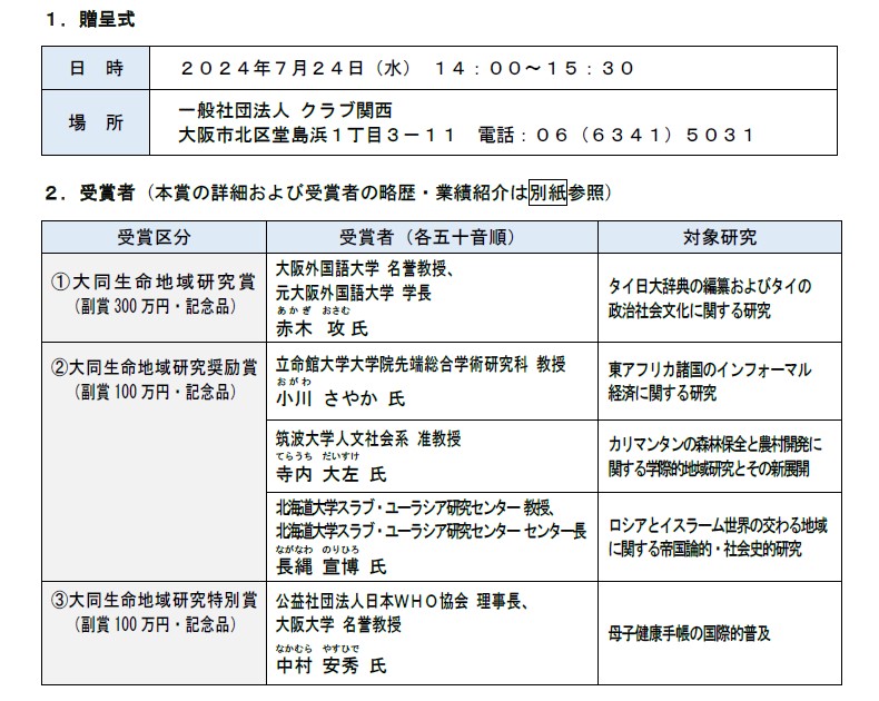 【大同生命】２０２４年度（第３９回）大同生命地域研究賞　受賞者の決定および贈呈式の開催