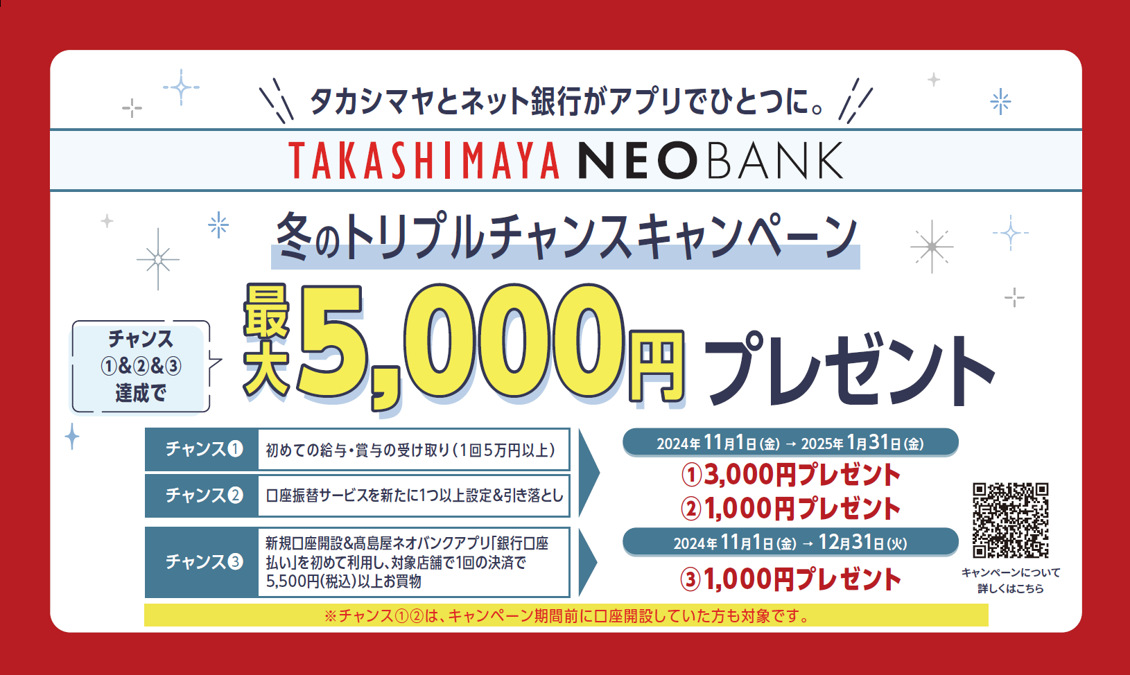 高島屋ネオバンク、「冬のトリプルチャンスキャンペーン最大5,000円プレゼント！」を実施