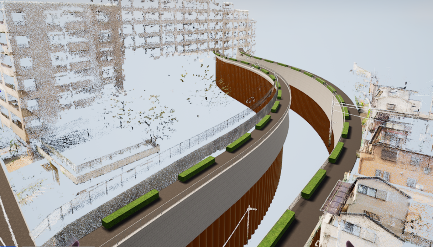 VR空間に再現された計画護岸と河川管理用道路の３D画像